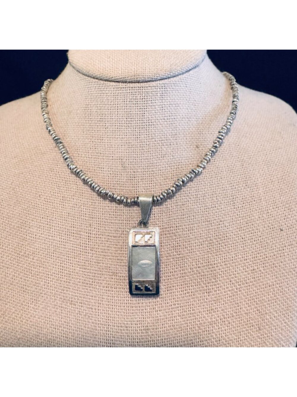 VTG 950 Silver Mother Of Pearl Aztec Design Pendant Tiny Beaded Chain 18" Length